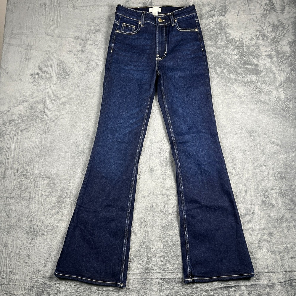 H&M Jeans Womens 4 Blue Denim Cotton Dark Wash Contrast Stitching Flared Leg